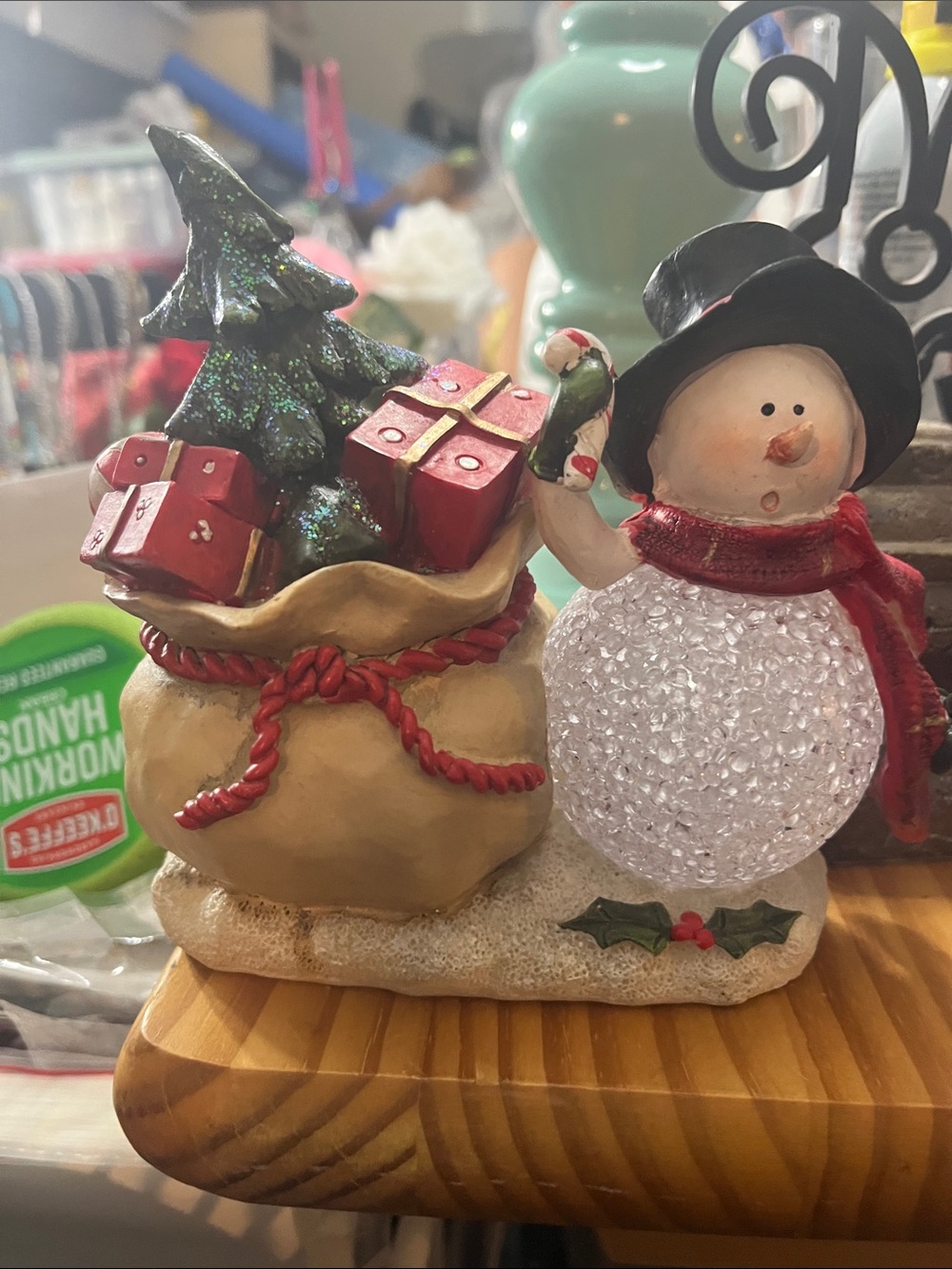 Festive Snowman Figurine with color changing Belly Gift Sack - Red, White, Green